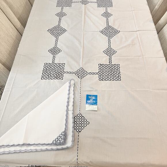 Vintage 9 Piece Blue Eyelet Embroidered Tablecloth Napkin Peacock Creation 72x90 - Picture 2 of 7